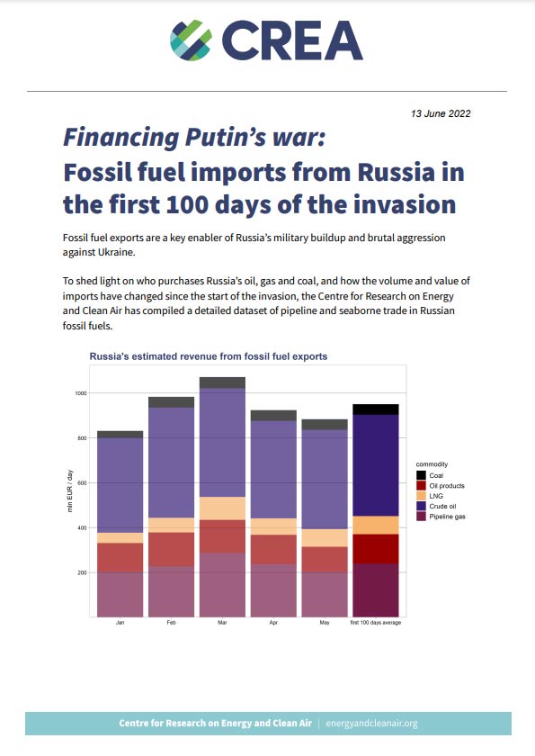 Financing Putin’s war: Fossil fuel imports from Russia in the first 100 days of the invasion Financing Putin’s war: Fossil fuel imports from Russia in the first 100 days of the invasion